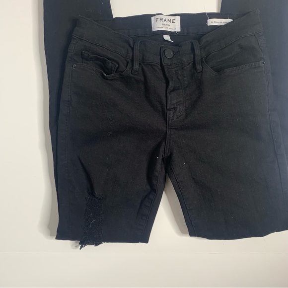 Frame Le Skinny De Jeanne Black Ripped Distressed Mid-Rise Jeans - Picture 7 of 16